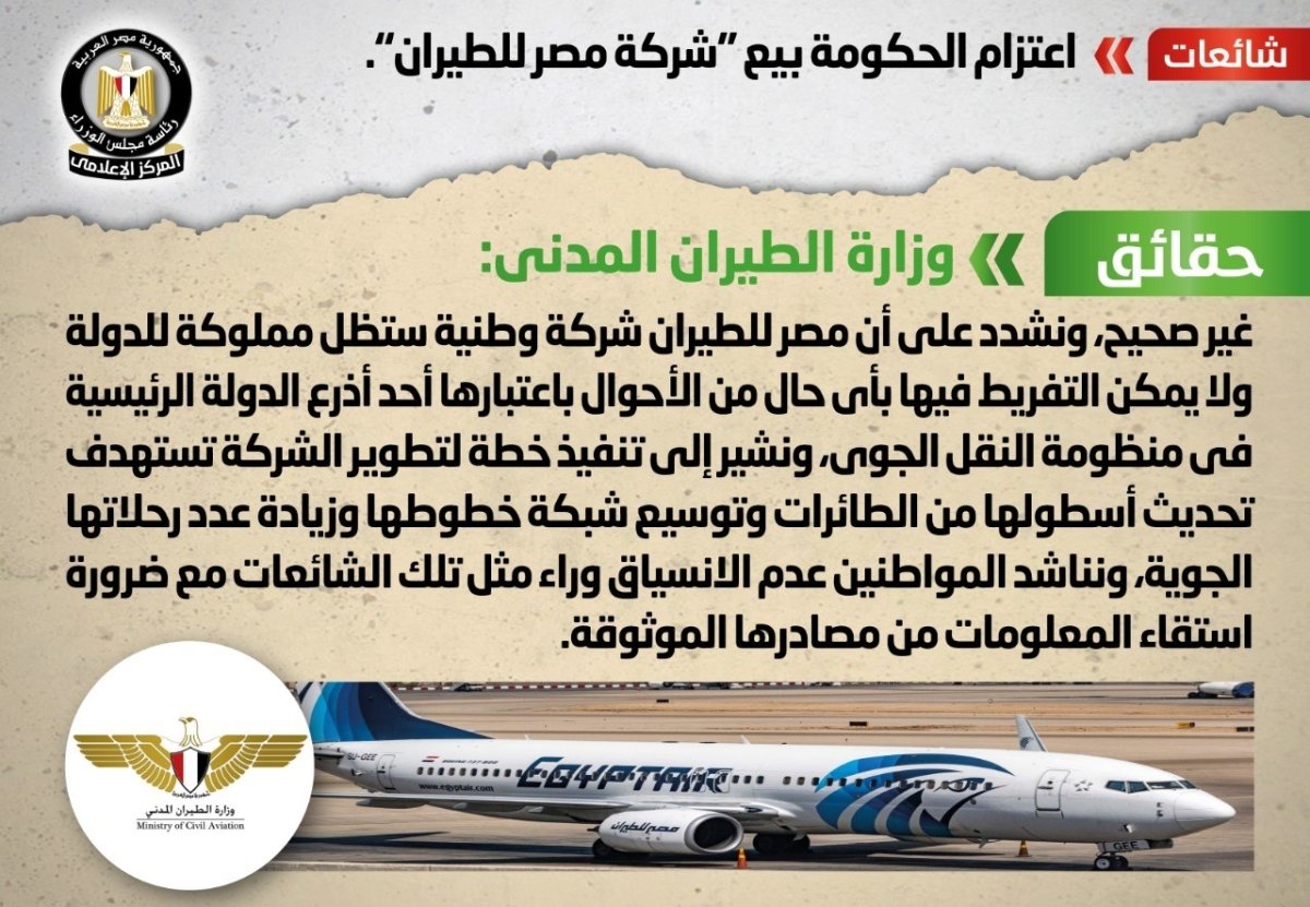 عاجل: الحكومة تنفي شائعة بيع "شركة مصر للطيران" 