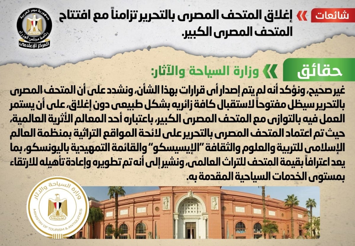 الحكومة تنفي شائعة إغلاق المتحف المصري بالتحرير تزامناً مع افتتاح المتحف المصري الكبير