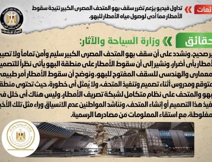 الحكومة تنفي شائعة تضرر سقف بهو المتحف المصري الكبير نتيجة سقوط الأمطار 