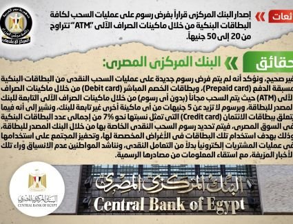 البنك المركزي ينفي شائعة فرض رسوم على عمليات السحب لكافة البطاقات البنكية من خلال ماكينات "ATM" تتراوح من 20 إلى50 جنيهاً
