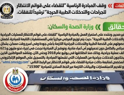 ترشيداً للنفقات .. الحكومة تنفي وقف المبادرة الرئاسية "للقضاء على قوائم الانتظار للجراحات والتدخلات الطبية الحرجة"